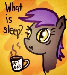 Size: 431x480 | Tagged: safe, artist:lucas_gaxiola, derpibooru import, oc, unofficial characters only, bat pony, pony, abstract background, bat pony oc, bat wings, bust, coffee, cup, insomnia, mug, smiling, solo, speech, talking, wide eyes, wings