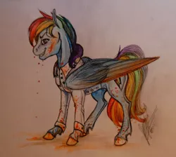 Size: 1386x1243 | Tagged: semi-grimdark, artist:sagastuff94, derpibooru import, rainbow dash, pegasus, pony, clothes, colored wings, female, folded wings, hooves, lab coat, mare, multicolored wings, rainbow wings, smiling, solo, traditional art, wings