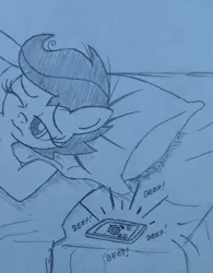 Size: 1017x1304 | Tagged: alarm, anthro, artist:tolpain, awakening, bed, cropcon, cropped, derpibooru import, mobile phone, monochrome, morning ponies, phone, pillow, safe, scootaloo, sketch, solo, traditional art