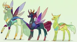 Size: 4960x2674 | Tagged: alternate design, artist:bunnari, carapace, changedling, changeling, changeling king, crown, derpibooru import, fangs, green background, jewelry, king thorax, pharynx, prince pharynx, regalia, safe, simple background, thorax, trio, tusk