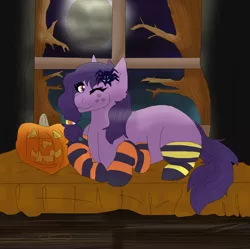 Size: 1848x1840 | Tagged: safe, artist:orchidcrystal, derpibooru import, oc, unofficial characters only, earth pony, clothes, halloween, holiday, jack-o-lantern, moon, pumpkin, socks, solo, striped socks, tree, window