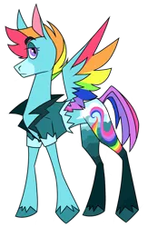 Size: 1251x1920 | Tagged: safe, artist:thedoodlefox, derpibooru import, rainbow dash, pegasus, pony, leak, spoiler:g5, clothes, colored wings, female, g5, hooves, jacket, mare, multicolored wings, rainbow dash (g5), rainbow wings, redesign, simple background, solo, spread wings, transparent background, wings