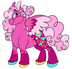 Size: 1280x1223 | Tagged: safe, artist:thedoodlefox, derpibooru import, pinkie pie, pegasus, pony, leak, spoiler:g5, colored hooves, female, g5, hooves, mare, multicolored hooves, peg, pegasus pinkie pie, pinkie pie (g5), race swap, redesign, simple background, smiling, solo, spread wings, transparent background, wings