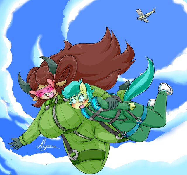 Size: 3200x3000 | Tagged: safe, artist:alyrise, derpibooru import, sandbar, yona, anthro, earth pony, yak, aircraft, big breasts, breasts, busty yona, clothes, cloud, commission, falling, female, goggles, huge breasts, jumpsuit, male, parachute, shipping, size difference, sky, skydiving, straight, yonabar