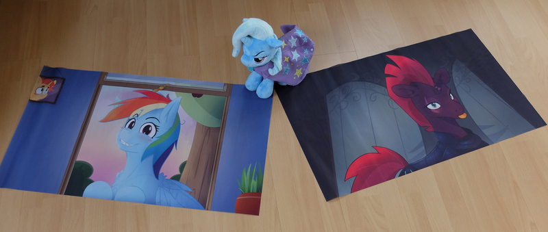 Size: 1600x677 | Tagged: artist:fuzzypones, derpibooru import, photo, plushie, poster, rainbow dash, safe, sunburst, tempest shadow, trixie