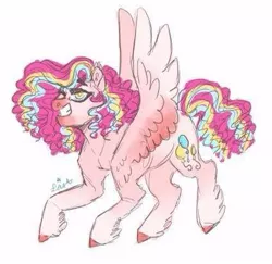 Size: 425x413 | Tagged: safe, artist:venti-star, derpibooru import, pinkie pie, pegasus, pony, leak, spoiler:g5, female, g5, hooves, mare, pegasus pinkie pie, pinkie pie (g5), race swap, redesign, simple background, solo, spread wings, white background, wings