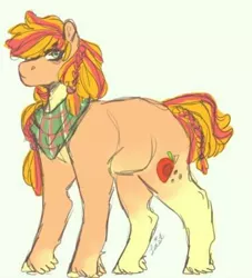 Size: 432x476 | Tagged: safe, artist:venti-star, derpibooru import, applejack, earth pony, pony, leak, spoiler:g5, applejack (g5), clothes, female, g5, hooves, mare, redesign, scarf, simple background, solo, white background