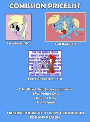 Size: 2000x2700 | Tagged: safe, artist:pixelgrip94, deleted from derpibooru, derpibooru import, derpy hooves, oc, oc:cinnabyte, oc:pixel grip, oc:thunder daze, earth pony, pegasus, unicorn, advertisement, commission info