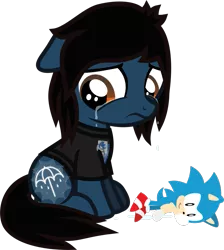 Size: 711x795 | Tagged: safe, artist:lightningbolt, derpibooru import, ponified, ponified:oliver sykes, earth pony, pony, .svg available, bring me the horizon, clothes, colt, crying, cutiespark, floppy ears, foal, frown, hair over one eye, looking down, male, plushie, sad, shirt, simple background, sitting, solo, sonic the hedgehog, sonic the hedgehog (series), svg, t-shirt, transparent background, vector, younger