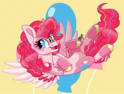 Size: 972x740 | Tagged: safe, artist:scribble, derpibooru import, pinkie pie, pegasus, pony, coat markings, female, flying, happy, hooves, mare, pegasus pinkie pie, pinkie pie (g5), race swap, simple background, smiling, solo, spread wings, wings