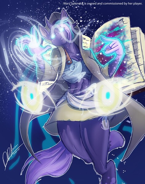 Size: 1006x1280 | Tagged: safe, artist:thebigbadwolf01, derpibooru import, oc, oc:wary splendor, unofficial characters only, anthro, unicorn, abs, abstract background, book, female, glowing eyes, glowing hands, horn, signature, solo, unicorn oc