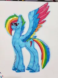 Size: 768x1024 | Tagged: safe, artist:majeste749, derpibooru import, rainbow dash, pegasus, pony, leak, spoiler:g5, colored wings, female, g5, mare, multicolored wings, rainbow dash (g5), rainbow wings, redesign, simple background, smiling, solo, spread wings, traditional art, wings