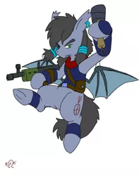 Size: 1615x2048 | Tagged: safe, artist:omegapony16, derpibooru import, oc, oc:oriponi, unofficial characters only, bat pony, pony, bat pony oc, bat wings, clothes, ear piercing, earring, flying, frog (hoof), gun, hoof hold, jewelry, leg band, male, piercing, signature, solo, stallion, underhoof, weapon, wings