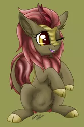 Size: 2006x3038 | Tagged: safe, artist:gleamydreams, derpibooru import, maple brown, kirin, background kirin, cloven hooves, cute, image, kirinbetes, one eye closed, open mouth, png, red hair, smiling, solo, wink