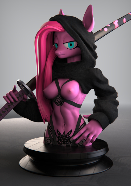 Size: 2473x3500 | Tagged: 3d, anthro, artist:kelpiemoonknives, breasts, clothes, derpibooru import, female, figurine, katana, lingerie, nipples, nudity, pinkamena diane pie, pinkie pie, questionable, solo, solo female, sword, weapon