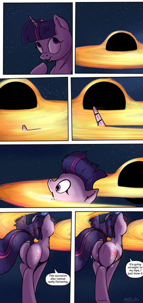 Size: 1920x4054 | Tagged: suggestive, artist:shieltar, derpibooru import, part of a set, twilight sparkle, pony, unicorn, comic:giant twilight, accretion disk, ass, black hole, butt, butt expansion, comic, cute, dialogue, female, giant pony, giantess, glowing horn, growth, horn, macro, magic, mare, part of a series, plot, pony bigger than a planet, pony bigger than a solar system, pony bigger than a star, sexy, signature, size difference, solar system, solo, space, stars, twiabetes, twibutt, underhoof, unicorn twilight