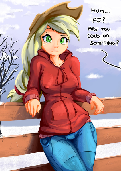 Size: 1414x2000 | Tagged: applejack, artist:fidzfox, breasts, busty applejack, clothes, derpibooru import, edit, editor:mkogwheel, erect nipples, female, fence, hoodie, human, humanized, nipple outline, snow, solo, suggestive