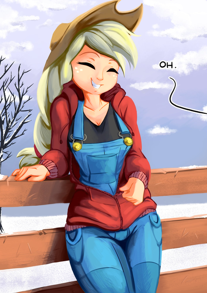 Size: 1414x2000 | Tagged: alternate version, applejack, artist:fidzfox, bait and switch, buttons, clothes, cute, derpibooru import, edit, editor:mkogwheel, erect nipples, eyes closed, female, fence, grin, human, humanized, jackabetes, nipple outline, overalls, safe, smiling, solo, troll