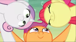 Size: 1667x941 | Tagged: safe, derpibooru import, screencap, apple bloom, scootaloo, sweetie belle, earth pony, pegasus, pony, unicorn, growing up is hard to do, adorabloom, cropped, cute, cutealoo, cutie mark crusaders, diasweetes, huddle, older, older apple bloom, older cmc, older scootaloo, older sweetie belle, smiling, trio