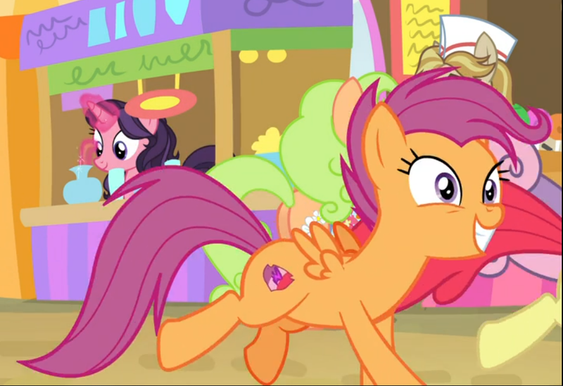 Size: 935x642 | Tagged: apple bloom, coral bits, cropped, derpibooru import, excited, floral pattern, galloping, growing up is hard to do, jeff letrotski, older, older apple bloom, older scootaloo, safe, scootaloo, screencap, solo focus