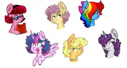 Size: 1979x1057 | Tagged: safe, alternate version, artist:honneymoonmlp, derpibooru import, applejack, fluttershy, pinkie pie, rainbow dash, rarity, twilight sparkle, twilight sparkle (alicorn), alicorn, earth pony, pegasus, pony, unicorn, alternate hairstyle, blushing, book, bow, ear fluff, hair bow, mane six, simple background, white background