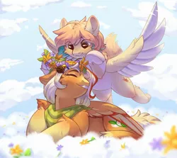 Size: 2300x2055 | Tagged: safe, artist:peachmayflower, artist:peachmayflower1, derpibooru import, oc, unofficial characters only, pegasus, pony, cloud, colored wings, colored wingtips, duo, ear fluff, female, floppy ears, floral head wreath, flower, flying, folded wings, leg fluff, lying down, mare, sky, smiling, spread wings, underhoof, wings