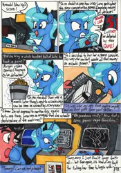 Size: 2088x2978 | Tagged: safe, artist:newyorkx3, derpibooru import, princess luna, oc, oc:tommy, alicorn, human, pony, comic:young days, gamer luna, angry, angry luna, arcade, arcade game, breaking, comic, huzzah, nintendo entertainment system, pac-man, pinball, s1 luna, sinistar, speech bubble