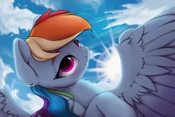 Size: 3701x2483 | Tagged: safe, alternate version, artist:hitbass, derpibooru import, rainbow dash, pegasus, pony, backlighting, cheek fluff, chest fluff, cloud, crepuscular rays, cute, dashabetes, ear fluff, female, high res, leg fluff, looking at you, mare, smiling, solo, spread wings, sun, wing fluff, wings