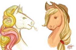 Size: 450x300 | Tagged: safe, artist:sdlhf, derpibooru import, applejack, golden delicious (g3), earth pony, horse, pony, bust, cousins, duo, female, freckles, headcanon, hoers, mare, realistic, simple background, straw in mouth, white background
