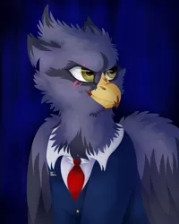 Size: 1080x1353 | Tagged: safe, artist:vanillaswirl6, derpibooru import, oc, oc:thibault deverux, gryphon, equestria at war mod, bust, clothes, eye scar, griffon oc, hearts of iron 4, male, necktie, portrait, scar, suit