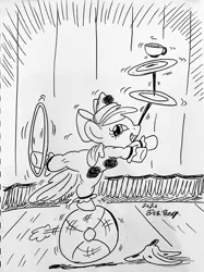 Size: 2885x3860 | Tagged: safe, artist:debmervin, derpibooru import, apple bloom, earth pony, pony, banana peel, clown, loop-de-hoop, monochrome, plate spinning, ponies balancing stuff on their nose, solo, traditional art