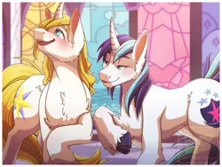 Size: 1200x900 | Tagged: safe, artist:pastel-pony-pictures, deleted from derpibooru, derpibooru import, prince blueblood, shining armor, pony, unicorn, blushing, digital art, flirting, gay, infidelity, looking away, male, shiningblood, shipping, stained glass, stallion, teasing