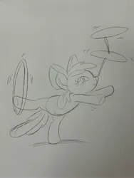 Size: 3024x4032 | Tagged: safe, artist:debmervin, derpibooru import, apple bloom, earth pony, pony, loop-de-hoop, monochrome, plate spinning, ponies balancing stuff on their nose, sketch, solo, traditional art