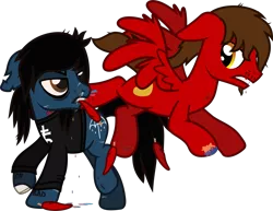 Size: 1708x1320 | Tagged: safe, artist:lightningbolt, derpibooru import, oc, oc:chip, ponified, ponified:oliver sykes, earth pony, pegasus, pony, undead, zombie, zombie pony, .svg available, angry, art trade, blood, bloodshot eyes, bone, bring me the horizon, clothes, colored pupils, dripping blood, drop dead clothing, duo, facial hair, fangs, feather, fight, floppy ears, flying, kicking, lidded eyes, lip piercing, long sleeves, looking at each other, male, nosebleed, piercing, rainbow blood, scar, shirt, simple background, stallion, stitches, svg, tattered, tattered wings, tattoo, transparent background, vector, wings