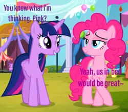 Size: 500x438 | Tagged: suggestive, derpibooru import, edit, edited screencap, screencap, pinkie pie, twilight sparkle, twilight sparkle (alicorn), alicorn, earth pony, party pooped, balloon, caption, cropped, female, image macro, lesbian, meme, out of character, shipping, simple background, text, twinkie