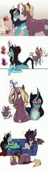 Size: 1024x3652 | Tagged: safe, artist:blackblood-queen, derpibooru import, oc, oc:annie belle, oc:cullen sutcliffe, oc:midnight mural, unofficial characters only, dracony, dragon, hybrid, pony, unicorn, curved horn, digital art, fangs, female, glasses, glowing horn, horn, magic, male, mare, scroll, slit eyes, smiling, stallion, unimpressed