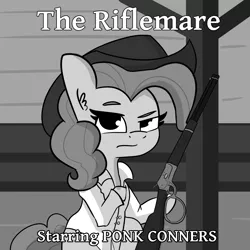 Size: 2250x2250 | Tagged: safe, artist:tjpones, derpibooru import, pinkie pie, earth pony, pony, clothes, cowboy hat, dexterous hooves, female, grayscale, gun, hat, hoof hold, lever action rifle, mare, monochrome, ponk, rifle, shirt, solo, the rifleman, weapon