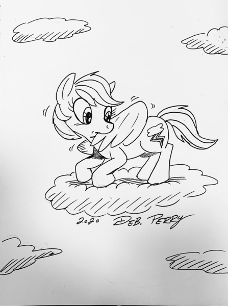 Size: 2838x3809 | Tagged: safe, artist:debmervin, derpibooru import, rainbow dash, pegasus, pony, cloud, grooming, monochrome, preening, solo, traditional art, wings