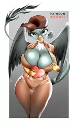 Size: 741x1200 | Tagged: suggestive, artist:mrkashkiet, derpibooru import, gabby, anthro, gryphon, big breasts, box of chocolates, breasts, busty gabby, delivery, delivery griffon, female, heart, huge breasts, image, png, postman's hat, seductive, seductive look, skindentation, solo