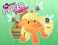 Size: 1280x984 | Tagged: safe, artist:silentazrael, derpibooru import, applejack, earth pony, parasprite, pony, apple, beady eyes, bucket, cowboy hat, cute, female, floppy ears, food, hat, jackabetes, mare, paper pony, solo