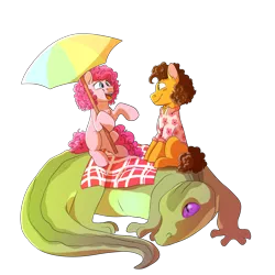 Size: 3000x3000 | Tagged: safe, artist:glitterstar2000, derpibooru import, cheese sandwich, gummy, pinkie pie, alligator, earth pony, pony, cheesepie, clothes, date, female, hoof hold, macro, male, missing cutie mark, older gummy, picnic blanket, ponies riding gators, riding, shipping, shirt, simple background, straight, transparent background, umbrella
