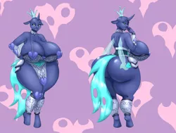 Size: 2820x2127 | Tagged: alternate version, anthro, armpits, artist:blues64, artist:marauder6272, ass, big breasts, blue changeling, breasts, busty changeling, butt, changeling, changeling oc, cleavage, clothes, derpibooru import, female, high res, huge breasts, huge butt, impossibly large breasts, impossibly large butt, impossibly wide hips, large butt, looking at you, oc, oc:sektiss, solo, solo female, suggestive, thighs, thunder thighs, unguligrade anthro, wide hips
