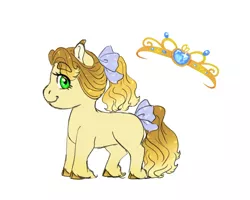 Size: 1000x800 | Tagged: safe, artist:miyathegoldenflower, derpibooru import, oc, unofficial characters only, earth pony, pony, bow, cute, ear fluff, female, filly, hair bow, jewelry, looking at you, offspring, parent:applejack, parent:prince blueblood, parents:bluejack, profile, simple background, solo, tail bow, tiara, unshorn fetlocks, white background