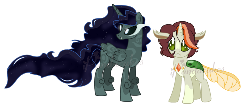 Size: 1600x702 | Tagged: artist:ipandacakes, base used, changepony, derpibooru import, duo, hybrid, interspecies offspring, magical lesbian spawn, oc, offspring, parent:nightmare moon, parent:rabia, parents:thoraxburst, parent:sunburst, parent:thorax, safe, simple background, transparent background, unofficial characters only, watermark