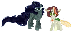 Size: 1600x702 | Tagged: artist:ipandacakes, base used, changepony, derpibooru import, duo, hybrid, interspecies offspring, magical lesbian spawn, oc, offspring, parent:nightmare moon, parent:rabia, parents:thoraxburst, parent:sunburst, parent:thorax, safe, simple background, transparent background, unofficial characters only, watermark