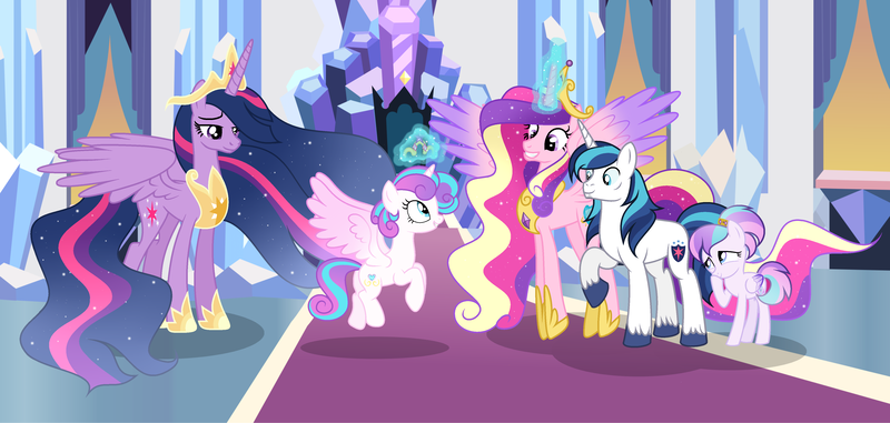 Size: 4456x2124 | Tagged: safe, artist:velveagicsentryyt, derpibooru import, princess cadance, princess flurry heart, princess twilight 2.0, shining armor, twilight sparkle, twilight sparkle (alicorn), oc, oc:chryssa, alicorn, pony, unicorn, the last problem, base used, crown, jewelry, magic, offspring, older, older flurry heart, parent:princess cadance, parent:shining armor, parents:shiningcadance, regalia, ultimate cadance