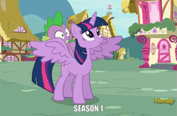 Size: 689x452 | Tagged: safe, derpibooru import, edit, edited screencap, screencap, spike, twilight sparkle, twilight sparkle (alicorn), alicorn, dragon, pony, castle sweet castle, aged like milk, animated, crashlight, cropped, discovery family logo, dragons riding ponies, drama, duo, faceplant, female, flying fail, gif, majestic as fuck, mare, metaphor, metaphor gif, riding, wing pull