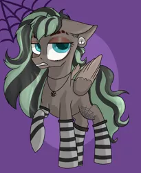 Size: 3224x3936 | Tagged: safe, artist:dumbwoofer, derpibooru import, oc, oc:forest air, pegasus, pony, clothes, dyed mane, e-girl, edgy, eyebrows, gauge, ripped eyebrow, socks, solo, striped socks, tattoo, teenager