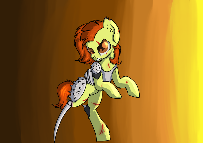 Size: 4448x3155 | Tagged: safe, artist:dumbwoofer, derpibooru import, oc, oc:trippo, earth pony, pony, fallout equestria, amputee, armor, fallout, raider, solo