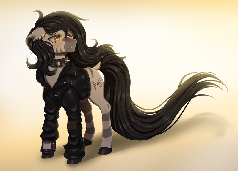 Size: 2500x1800 | Tagged: artist:verawitch, blushing, choker, clothes, derpibooru import, ear piercing, fallout equestria, fallout equestria: dead end, jacket, leather jacket, long mane, long tail, oc, oc:phisa, piercing, pipbuck, safe, solo, spiked choker, torn ear, zebra